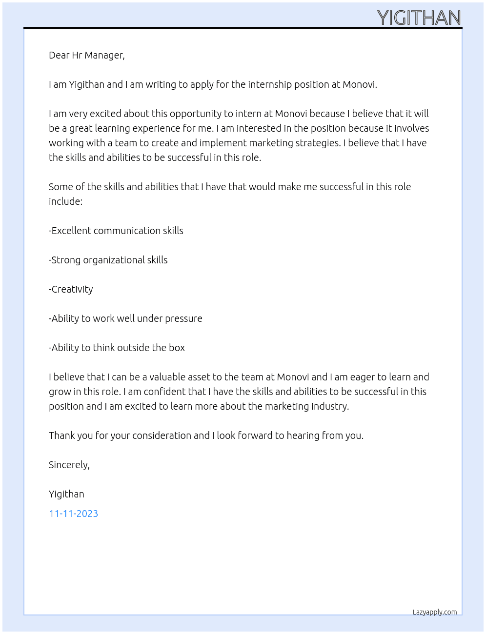 Internship At Monovi Cover Letter