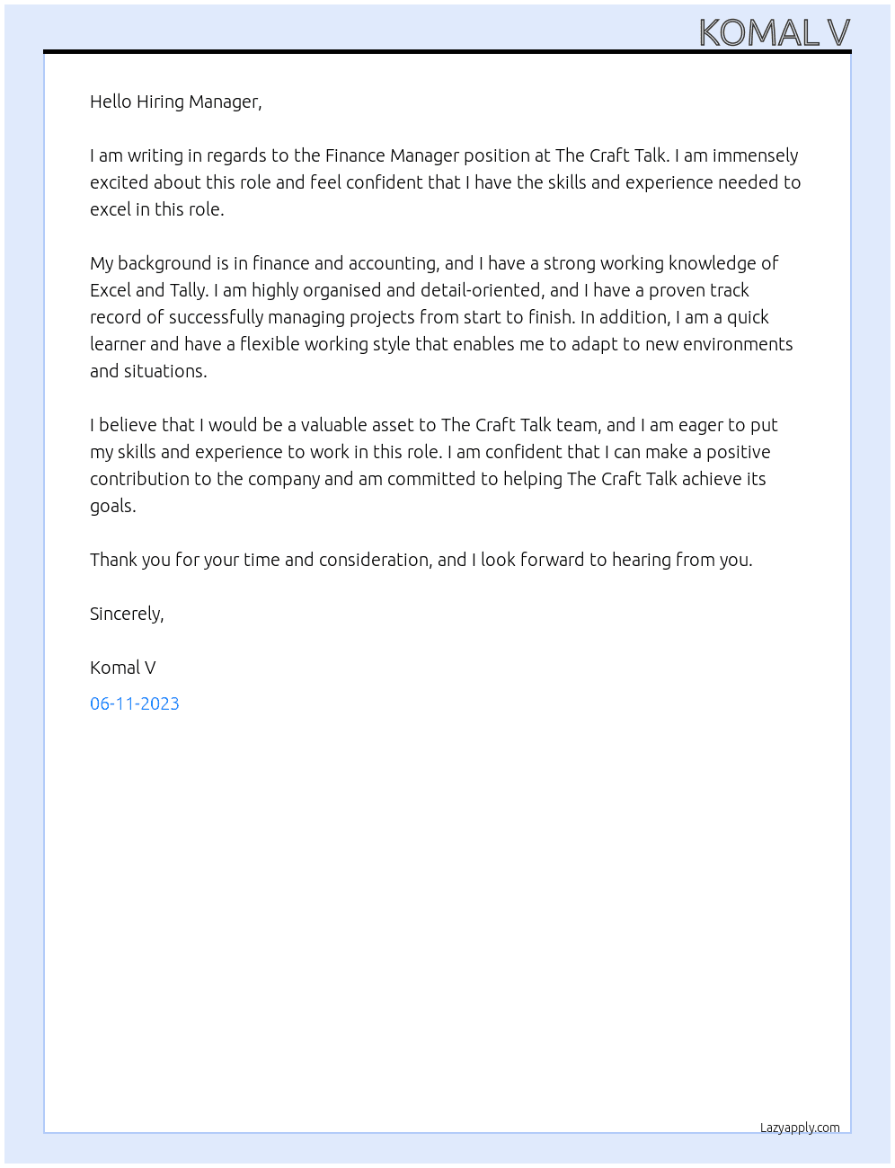 Finance Manager  At The Craft Talk Cover Letter