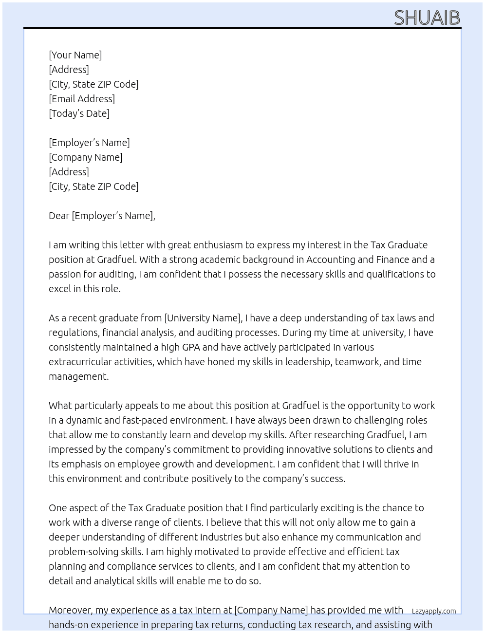 Tax Graduate - Accounting/Auditing and Finance At Gradfuel Cover Letter