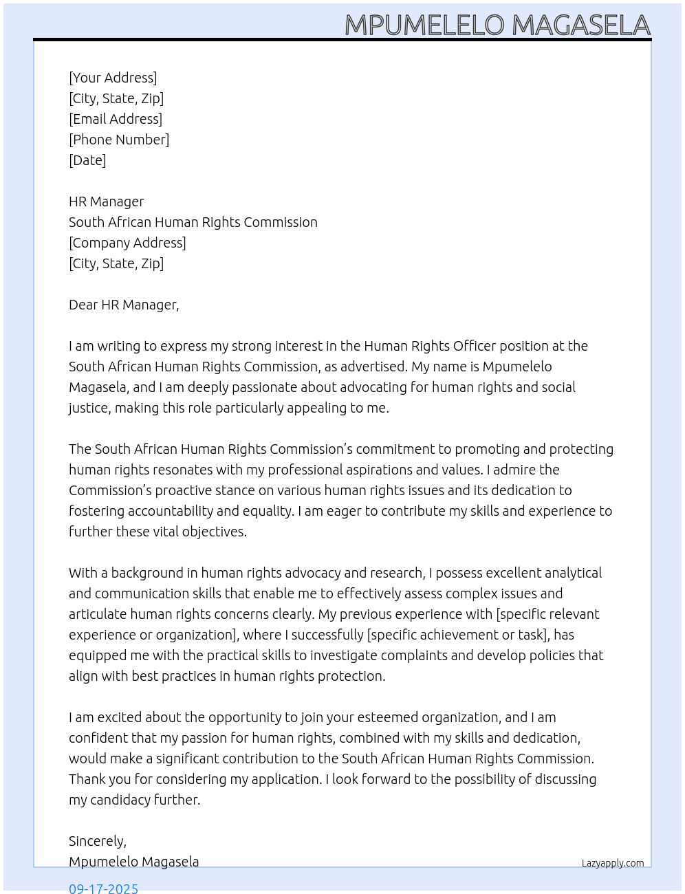 Human Rights Officer At South African Human Rights Commission Cover Letter