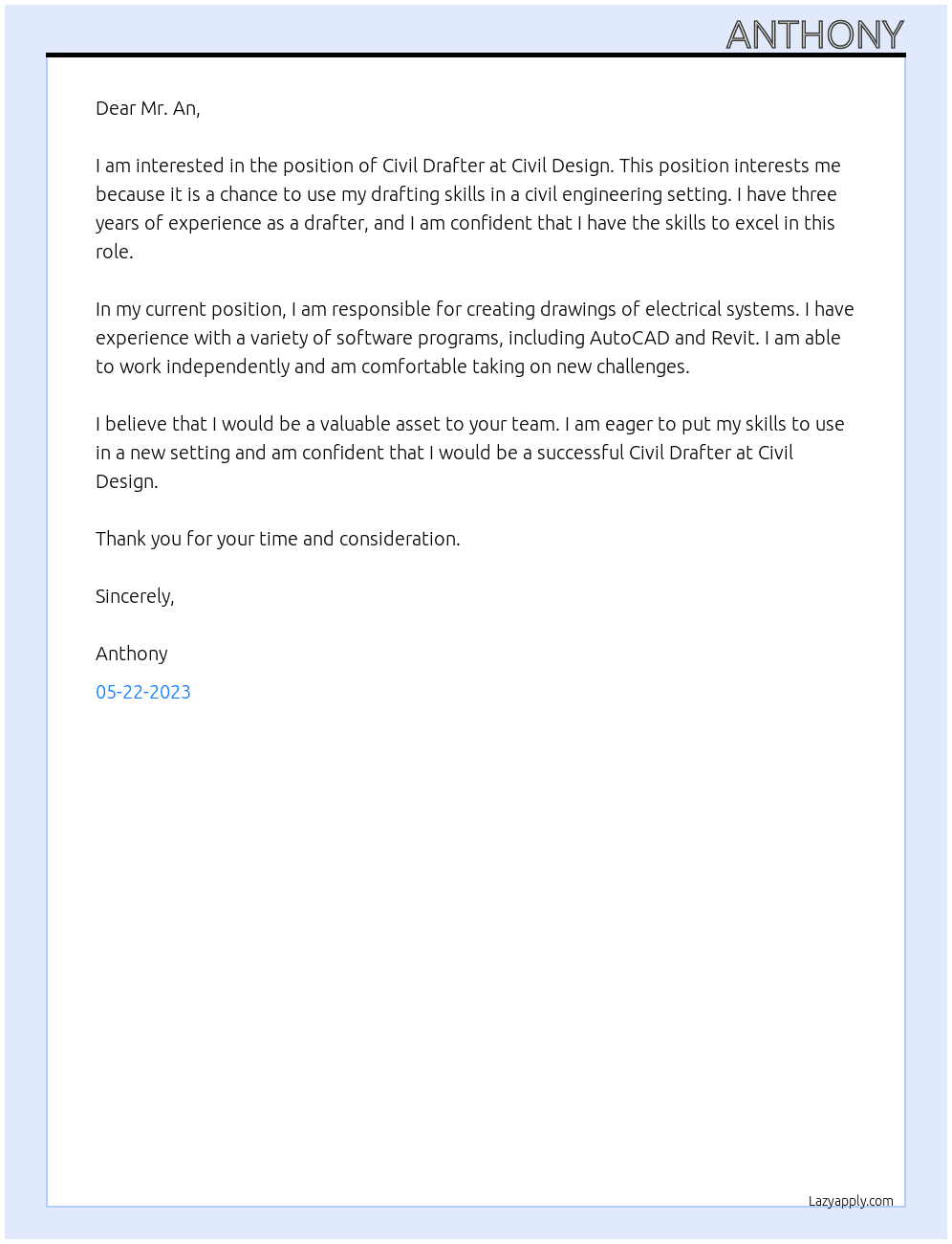 Civil Drafter At Civil Desin Cover Letter