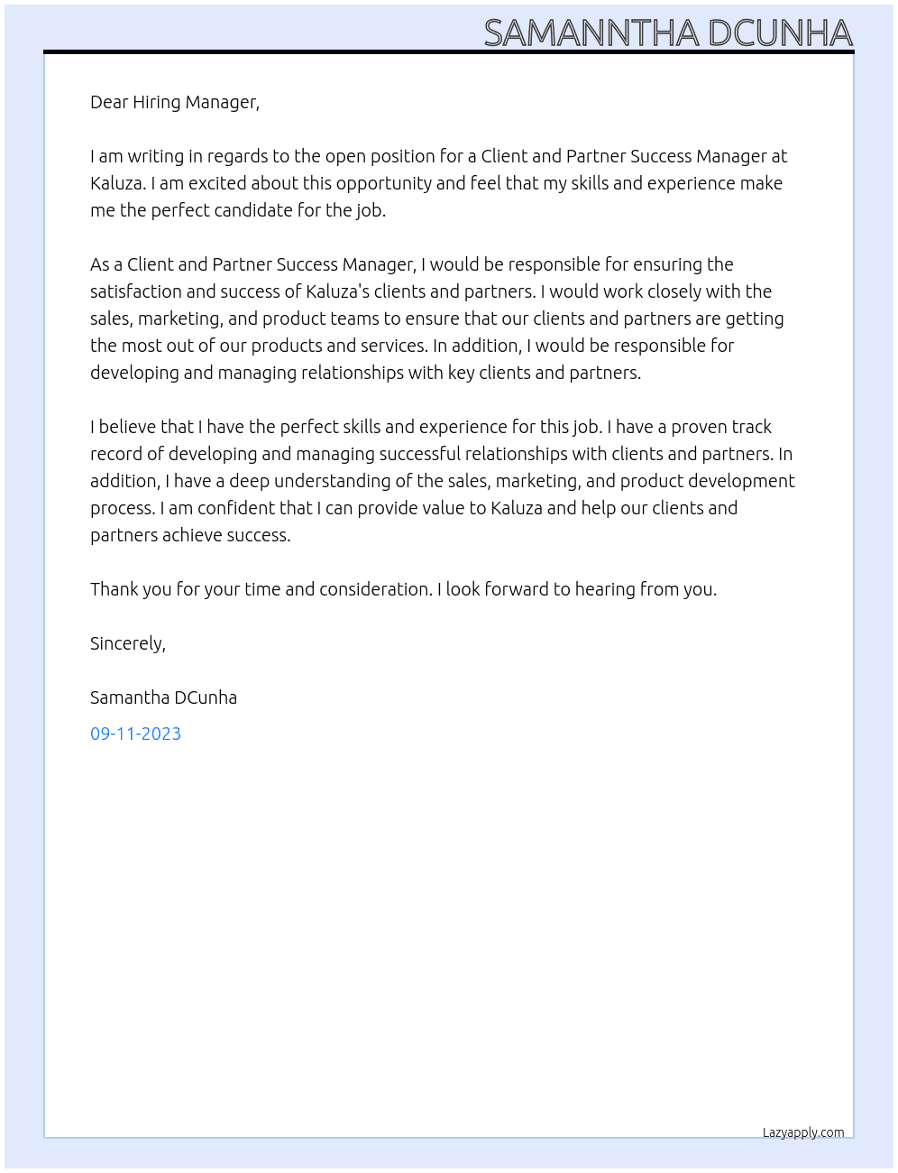 Client and partner success manager At Kaluza Cover Letter