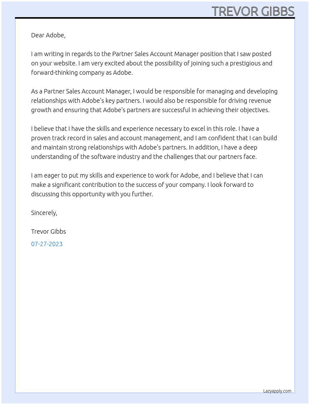 Partner Sales Account Manager At Adobe Cover Letter