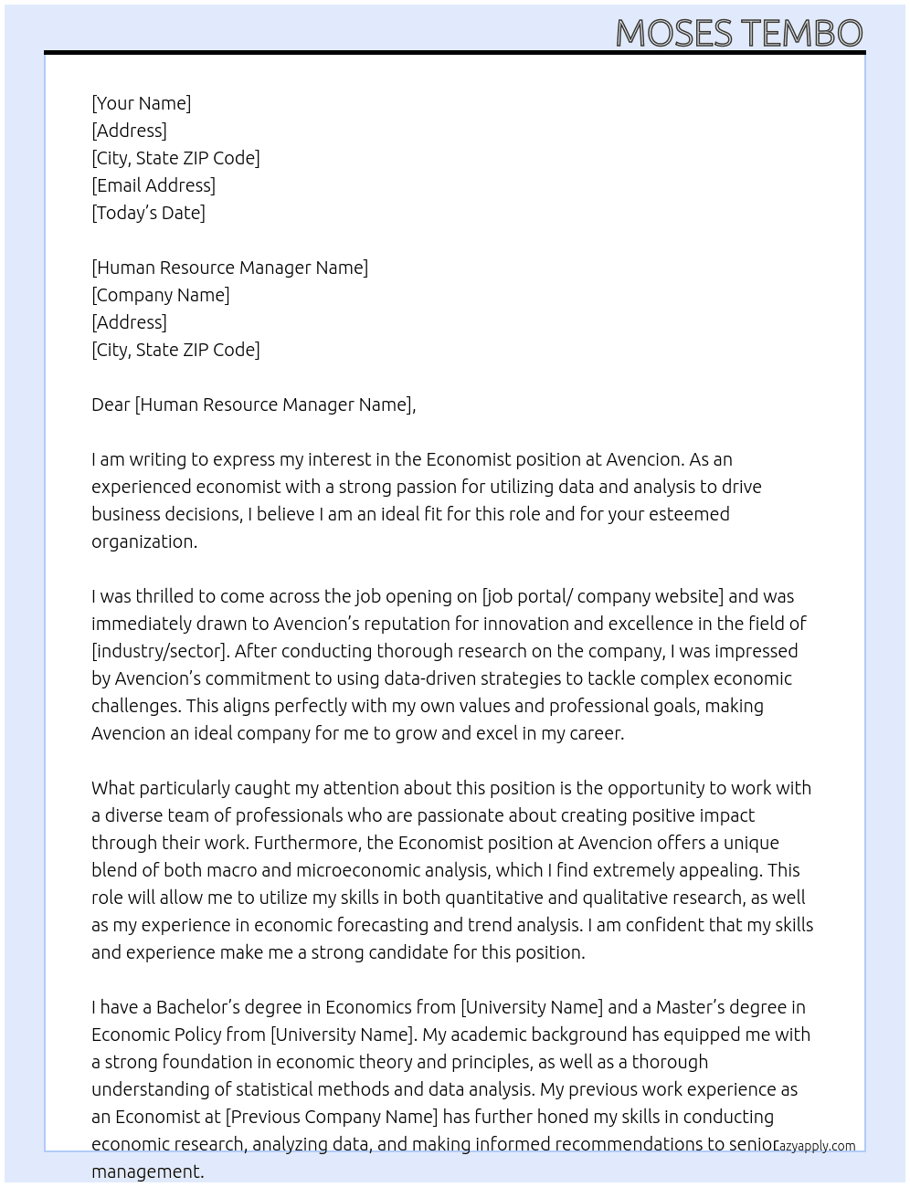 Economist At Avencion  Cover Letter