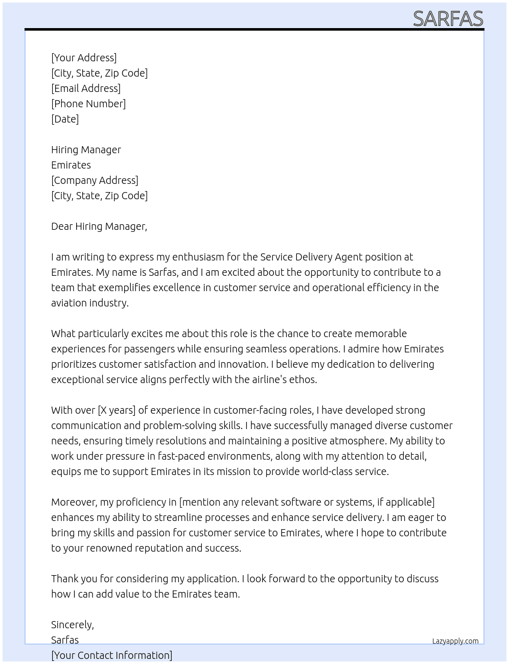 Cover letter for service delivery agent - LazyApply