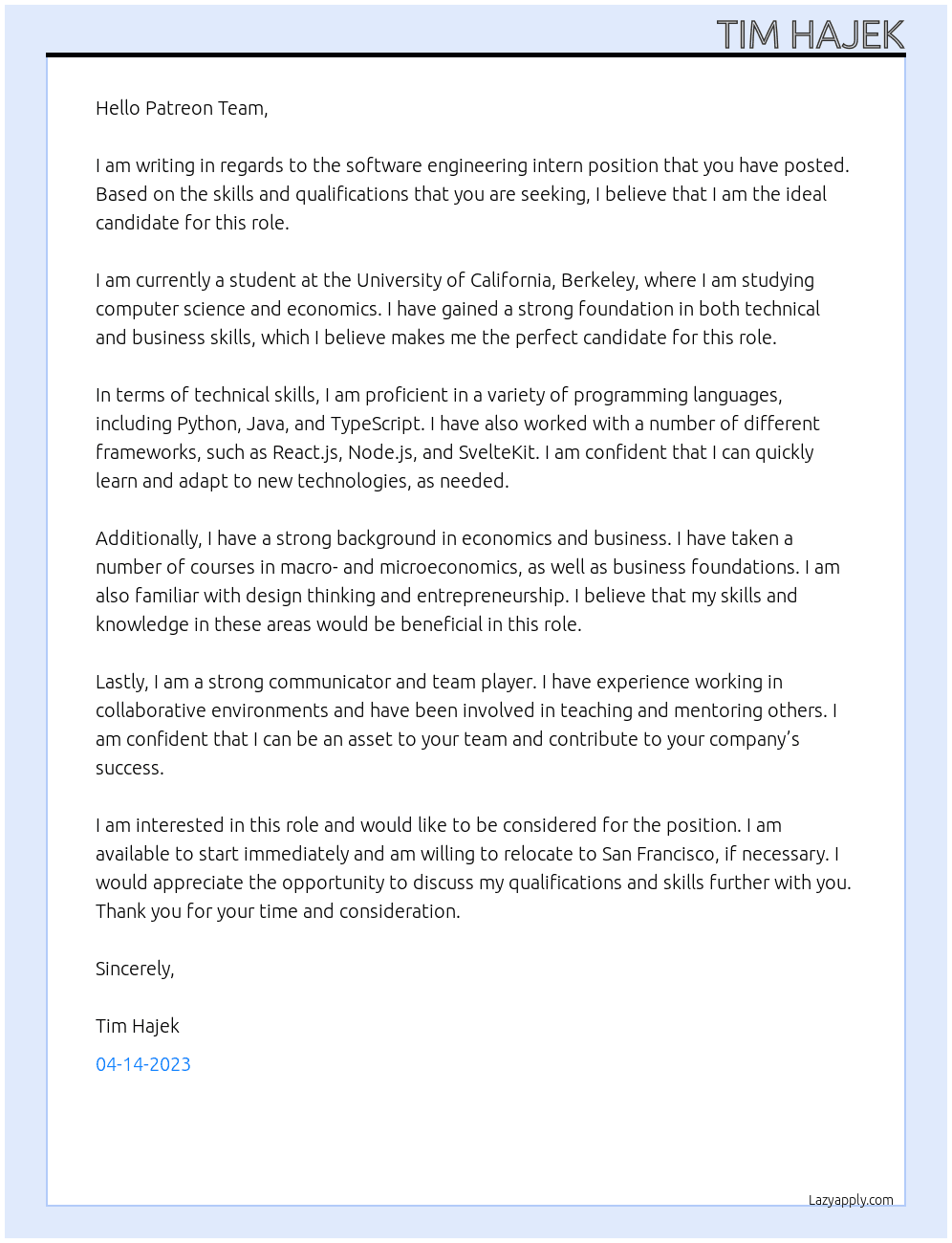 Software Engineering Intern At Patreon Cover Letter