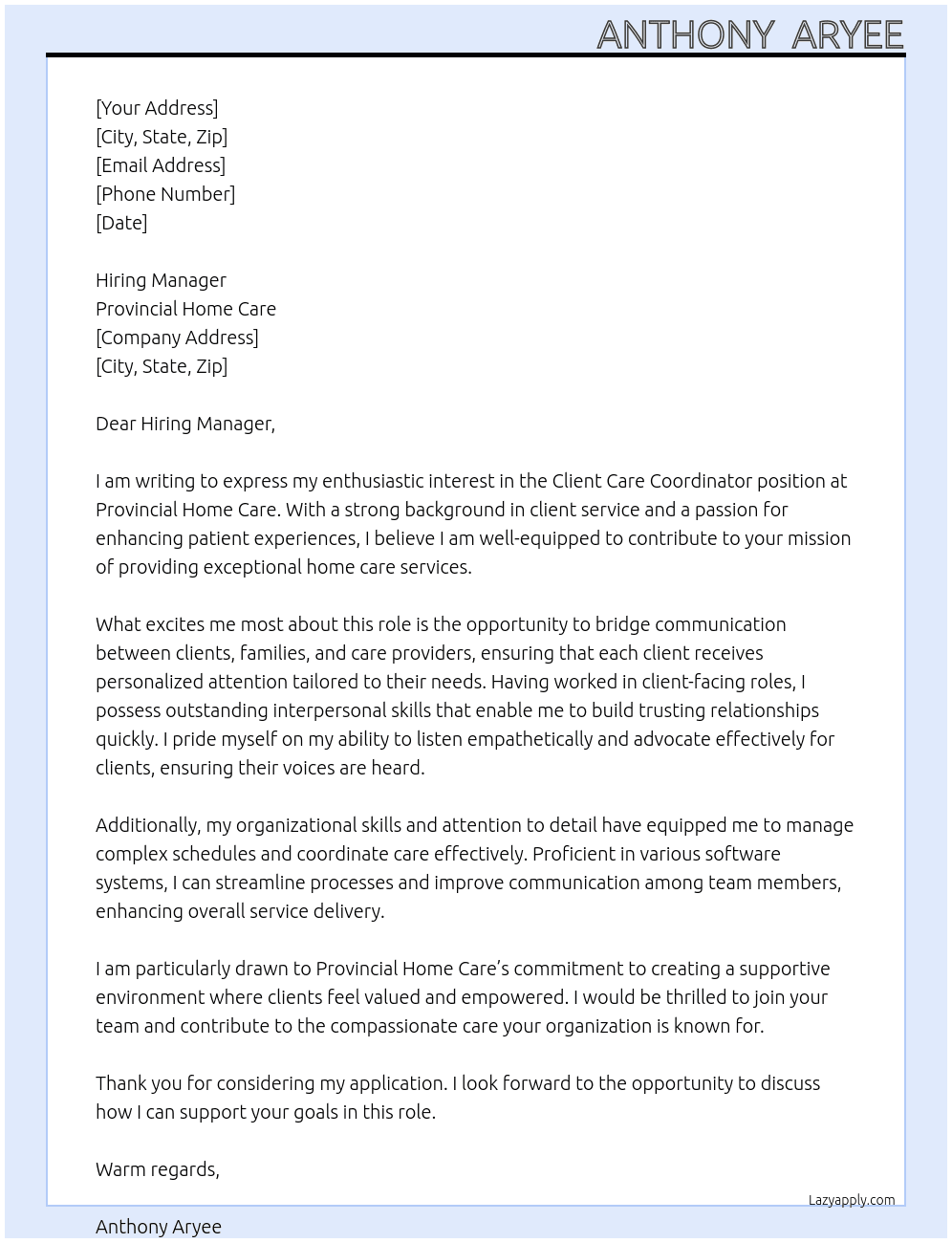 Client Care Coordinator At Provincial Home care Cover Letter