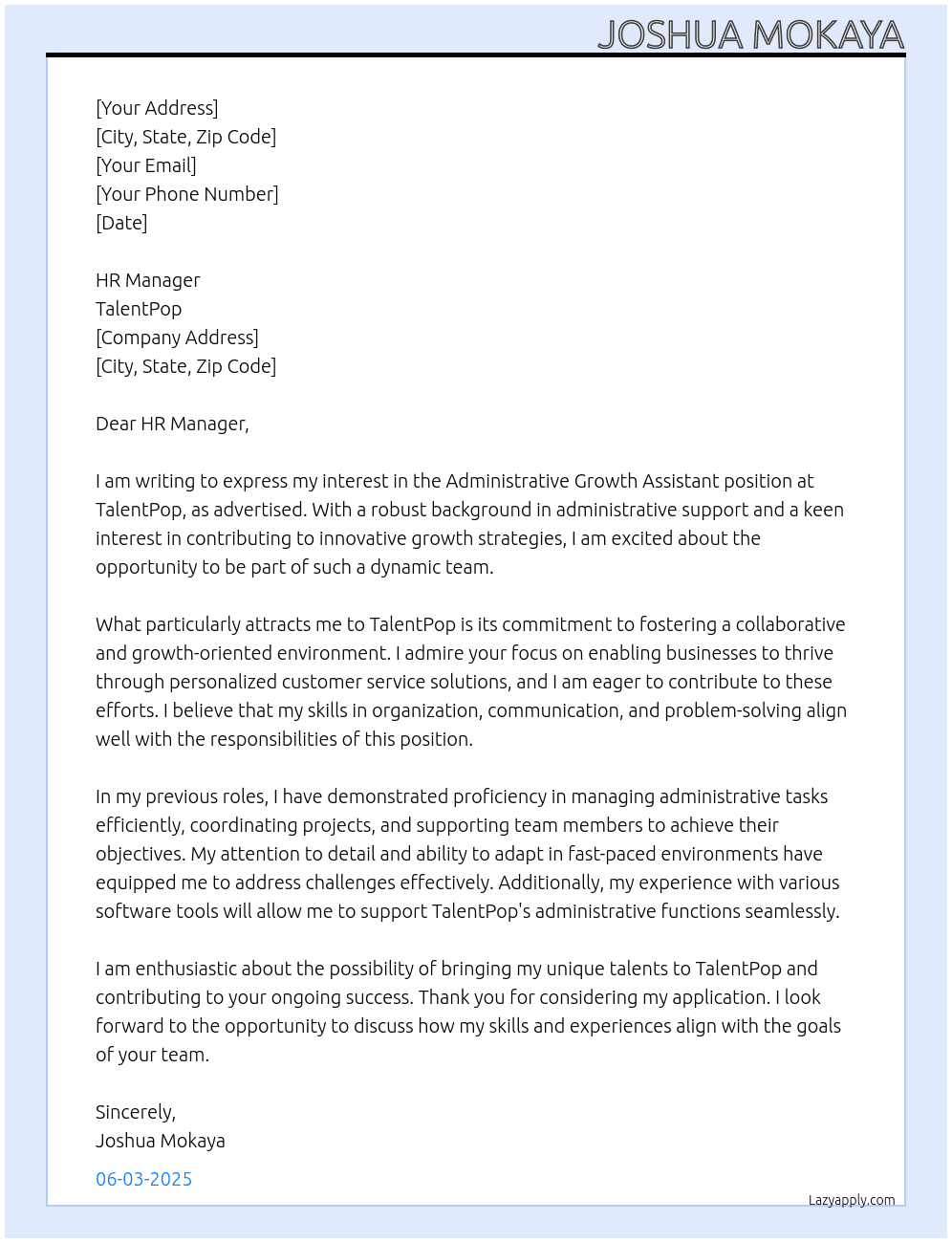 Administrative Growth Assistant At TalentPop Cover Letter
