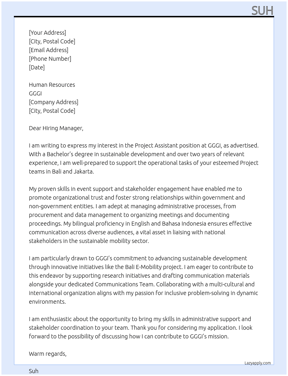 Project Assistant At GGGI Cover Letter