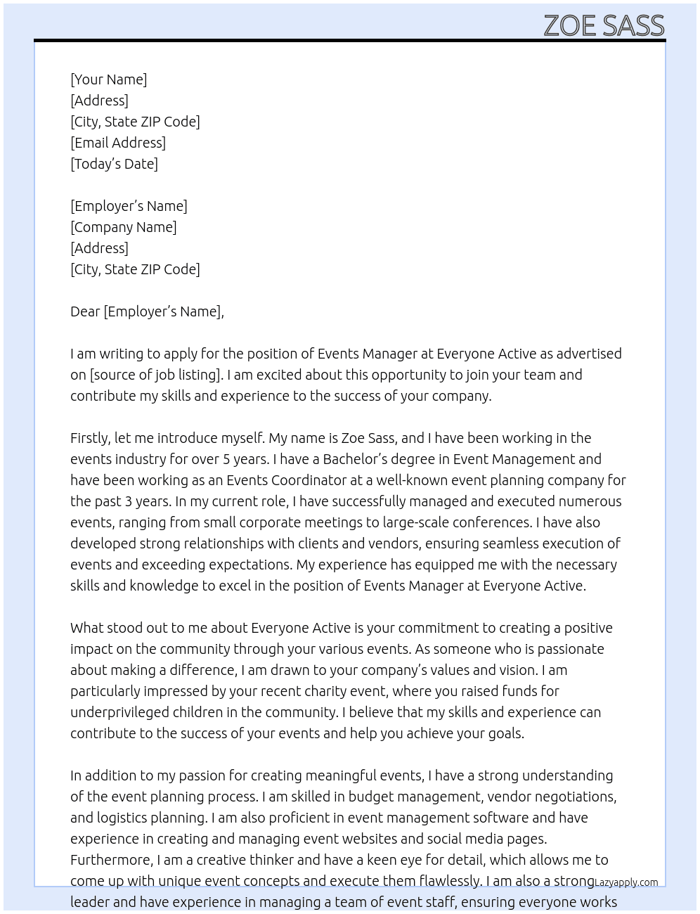 Events Manager At Everyone Active Cover Letter
