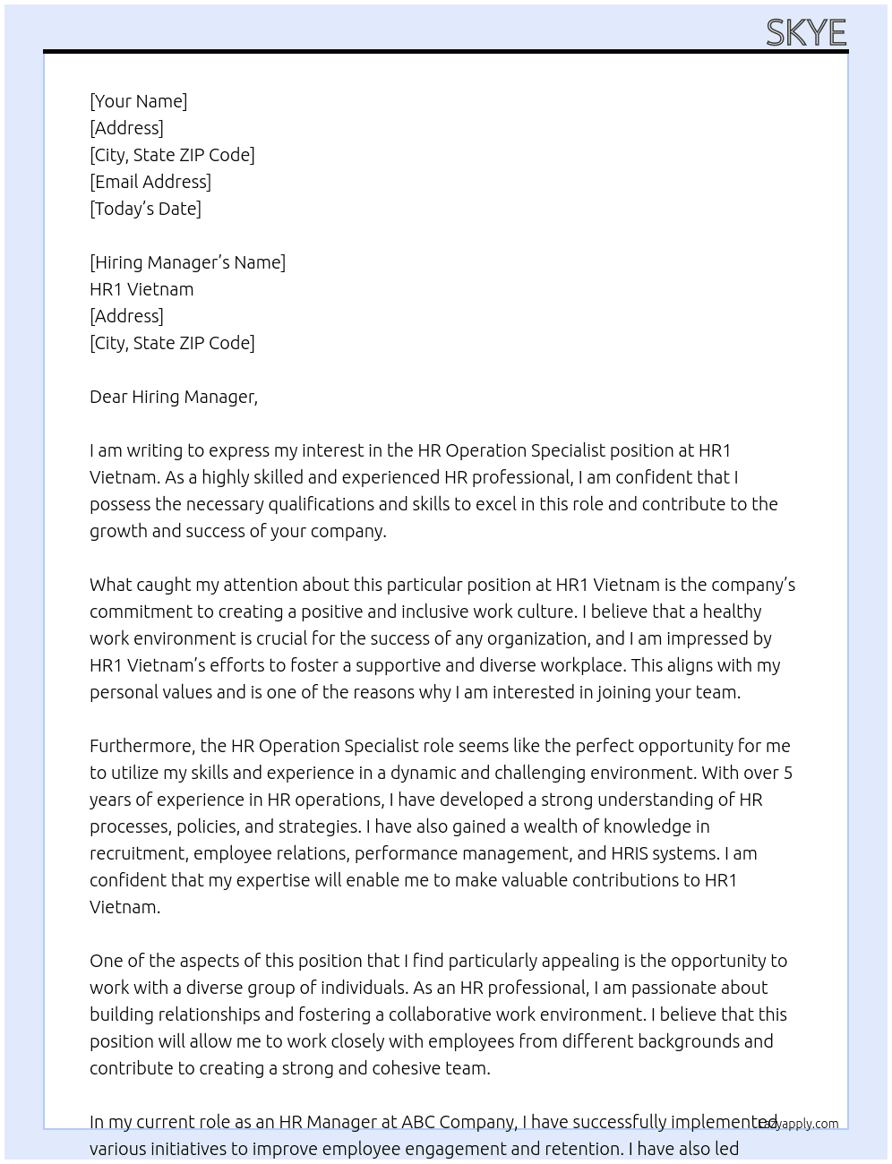 𝗛𝗥 𝗢𝗽𝗲𝗿𝗮𝘁𝗶𝗼𝗻 𝗦𝗽𝗲𝗰𝗶𝗮𝗹𝗶𝘀𝘁 At HR1 Vietnam Cover Letter