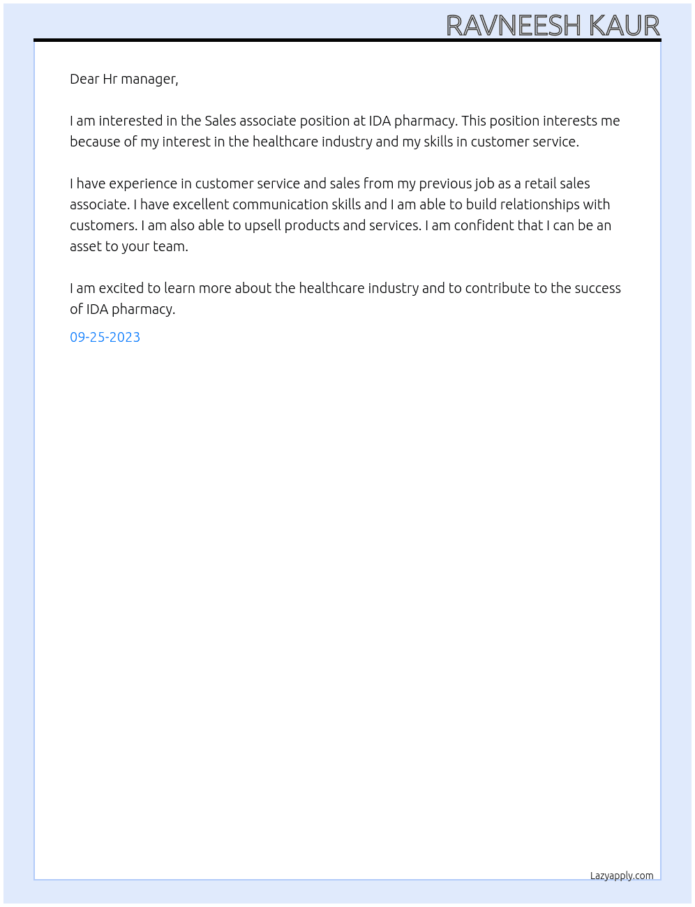 Sales associate  At IDA pharmacy  Cover Letter