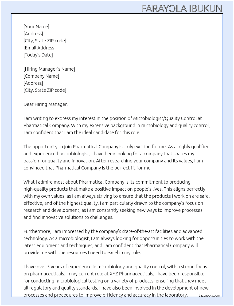 MICRBIOLOGIST/ QUALITY CONTROL At PHARMATICAL COMPANY Cover Letter