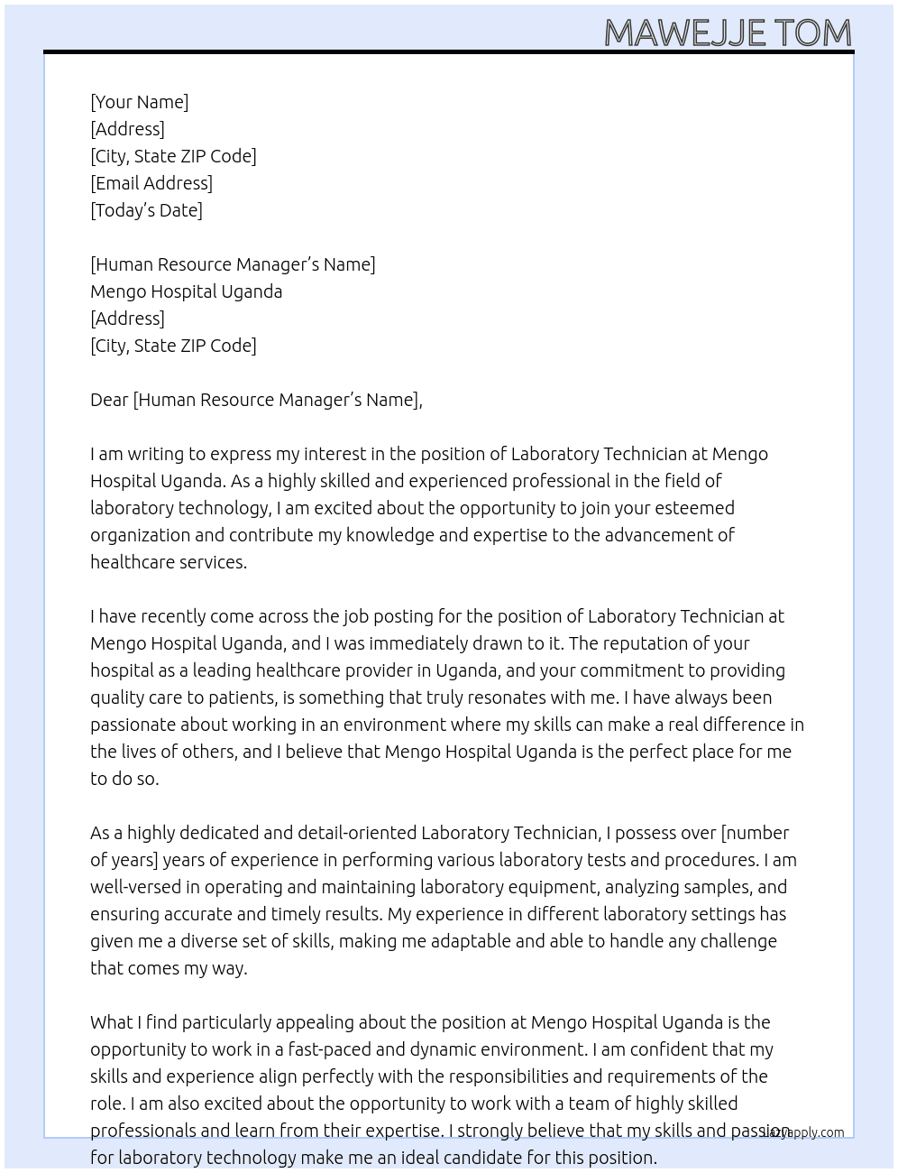 labarotary techician At mengo hospital Uganda Cover Letter