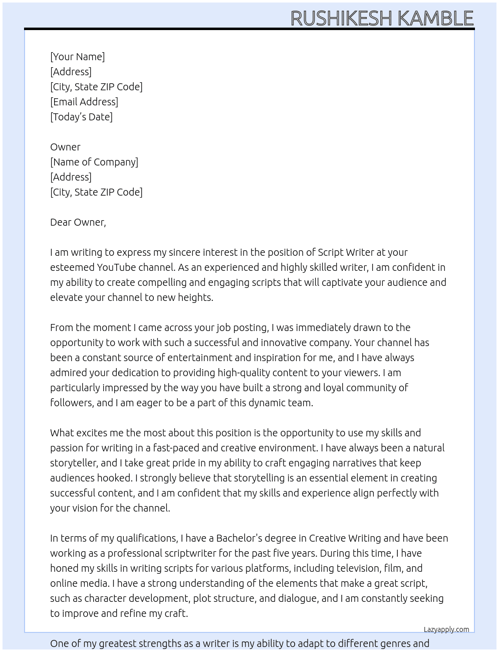 script writer At youtube channel Cover Letter