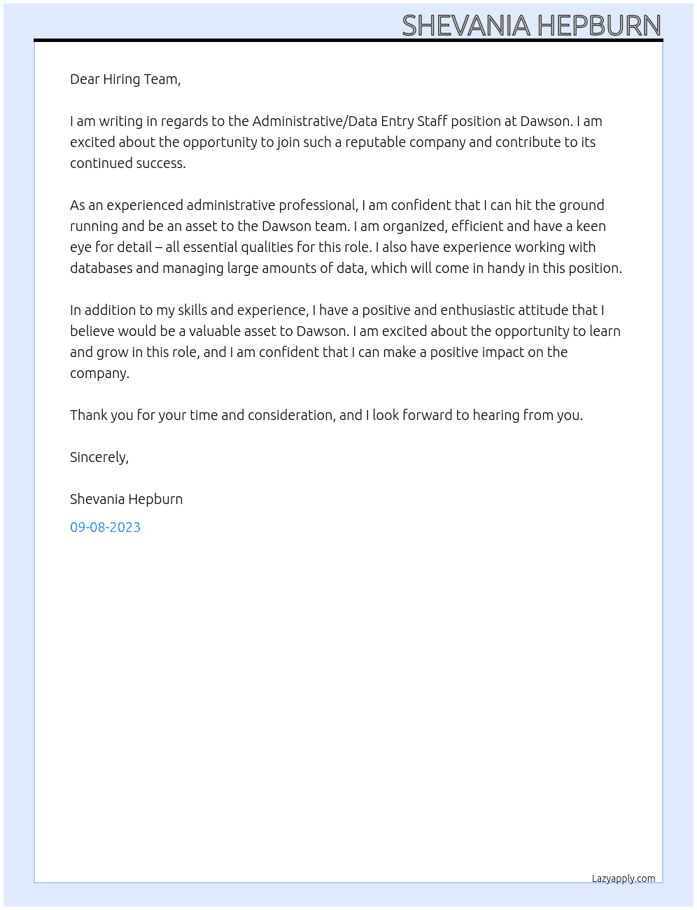 Administrative/Data Entry Staff At Dawson Cover Letter