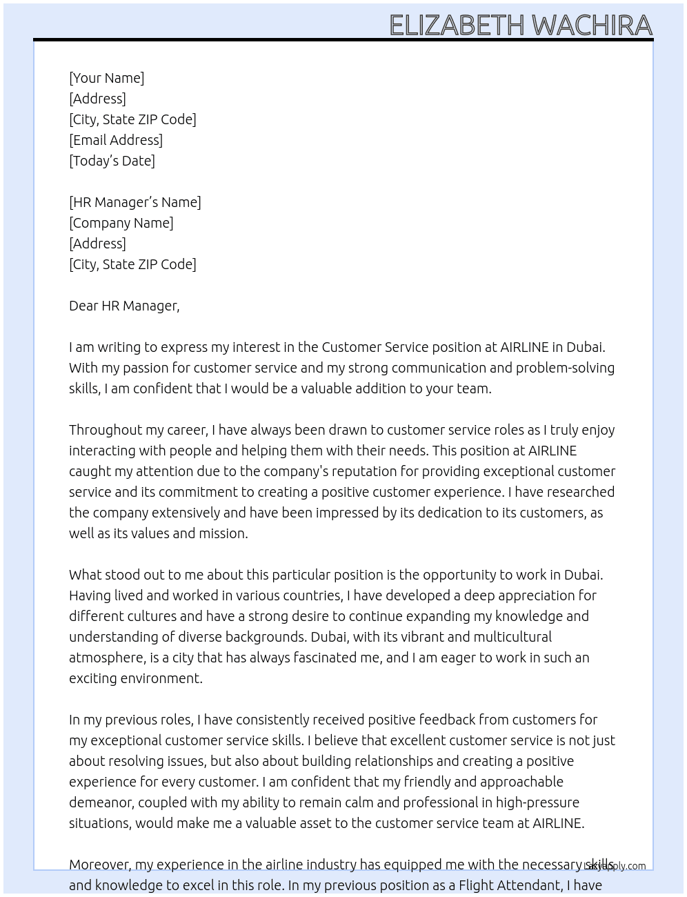 CUSTOMER SERVIce  At AIRLINE Cover Letter