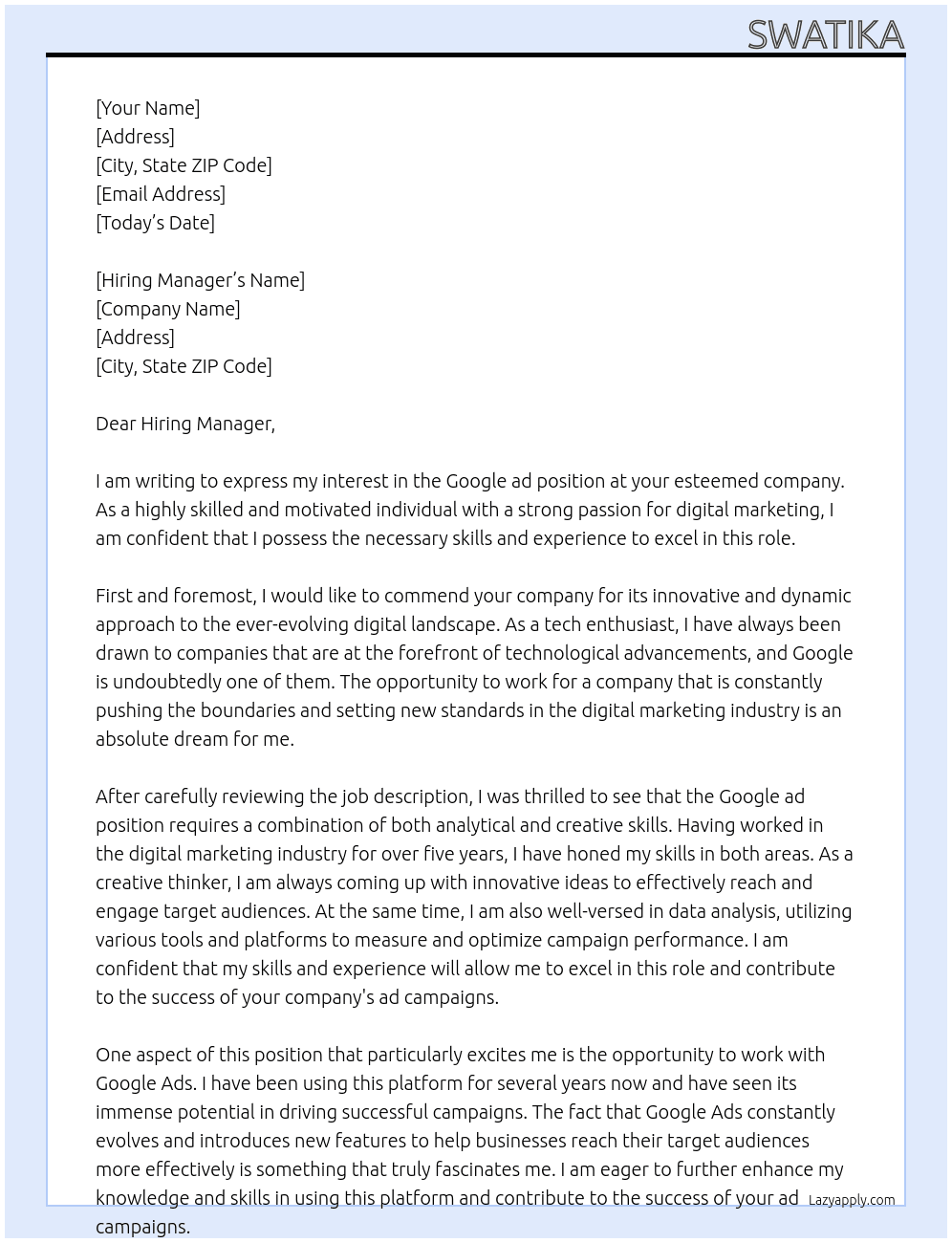 Cover letter for google ad - LazyApply