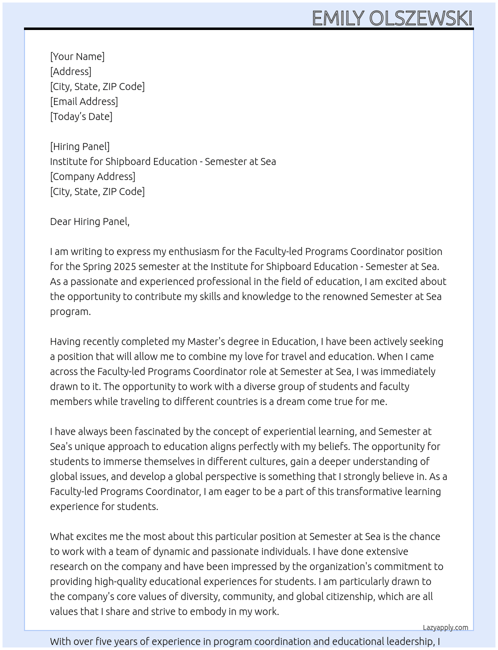 Faculty-led Programs Coordinator - Spring 2025 At Institute for Shipboard Education - Semester at Sea Cover Letter