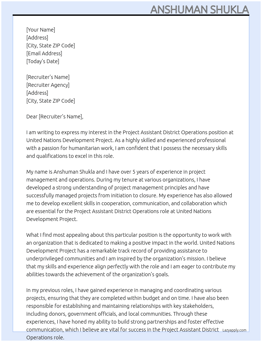 Project Assistant District Operations At United Nations Development Project Cover Letter
