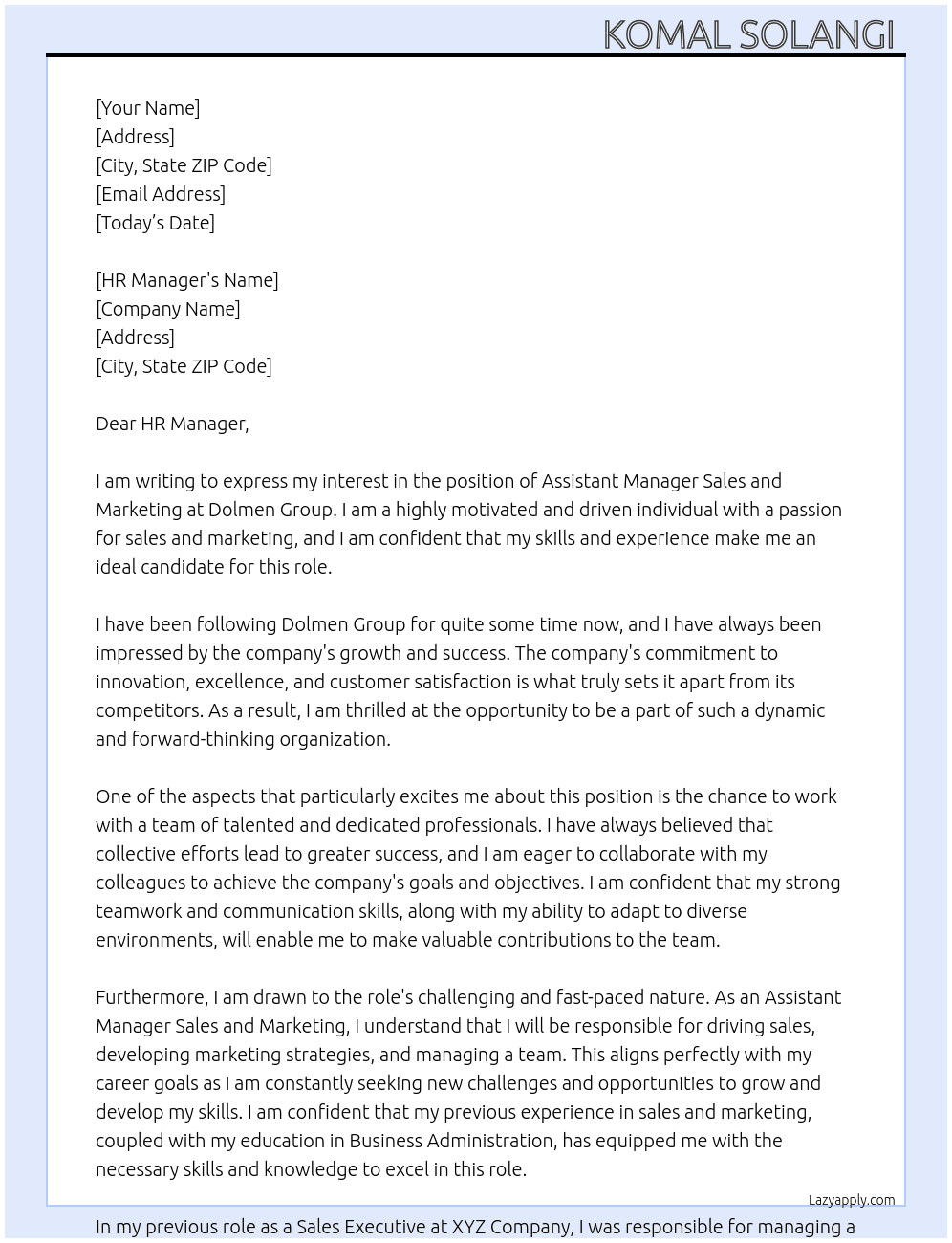 Assistant Manager Sales and Marketing  At Dolmen Group  Cover Letter