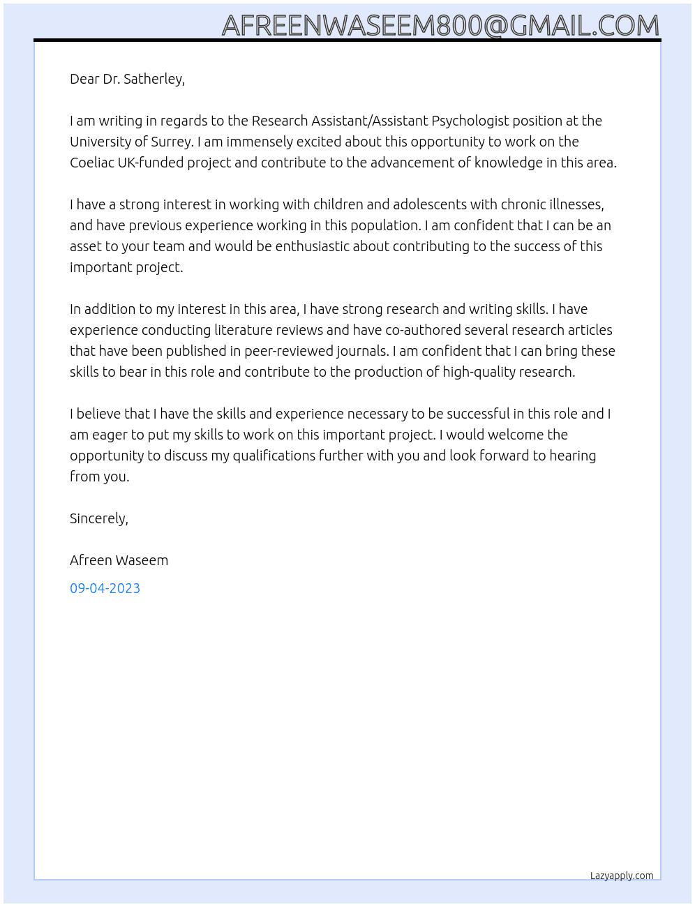 Research Assistant/Assistant Psychologist (Coeliac UK-funded Project) At University of Surrey Cover Letter