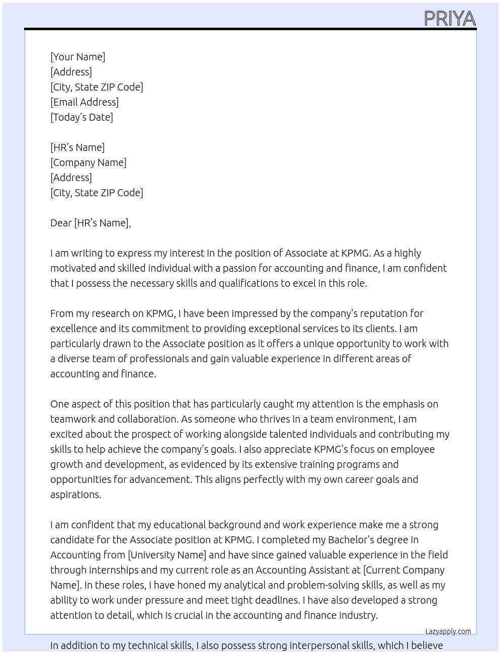 ASSOCIATE At KPMG Cover Letter