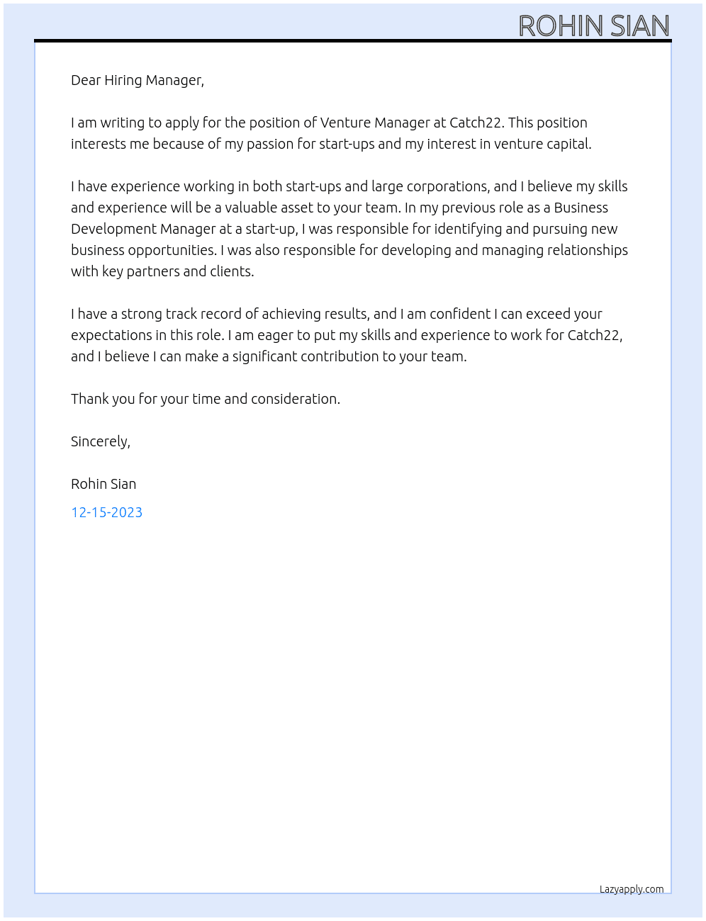 Venture Manager At Catch22 Cover Letter