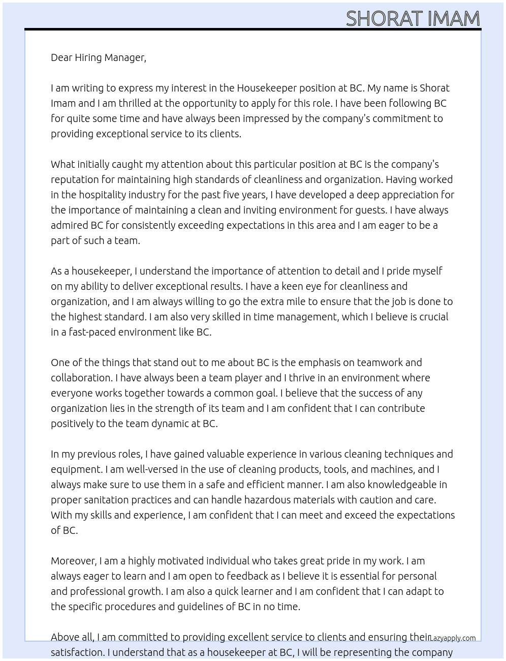 Housekeeper  At Bc Cover Letter
