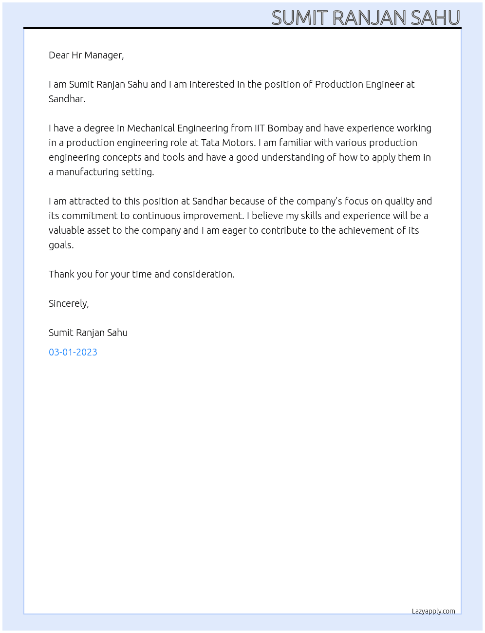 Production Engineer At Sandhar Cover Letter