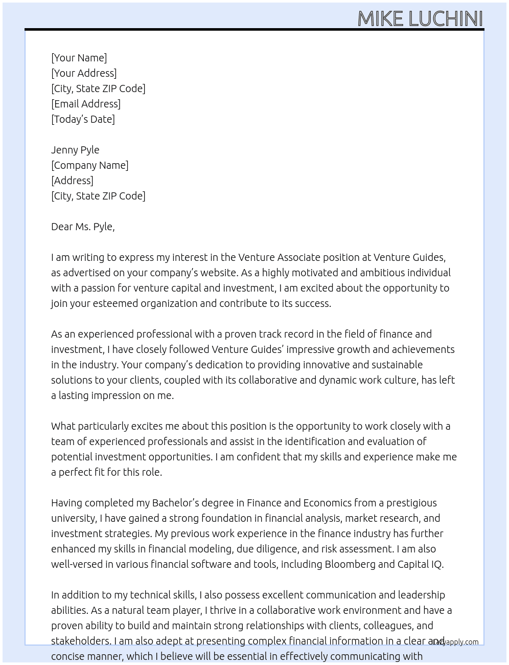 Venture Associate At Venture Guides Cover Letter