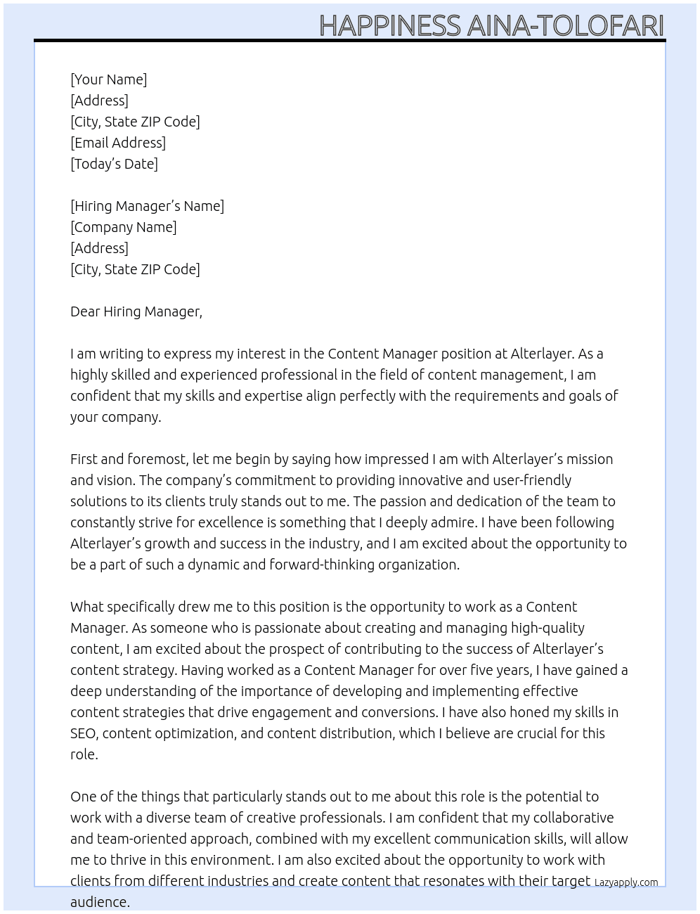 content manager At Alterlayer Cover Letter