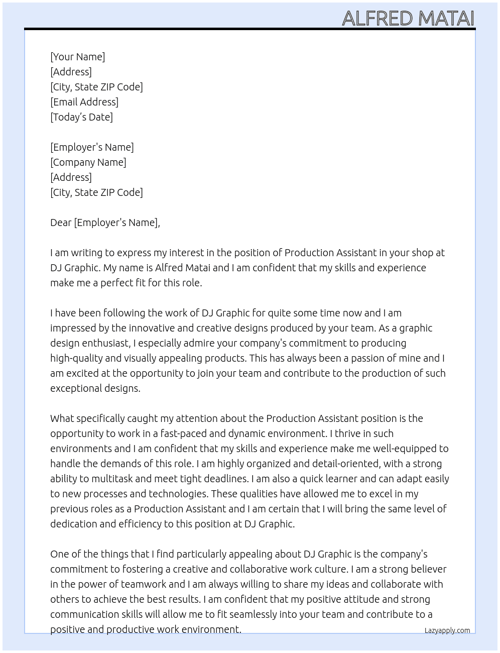 Cover letter for production assistant in shop - LazyApply