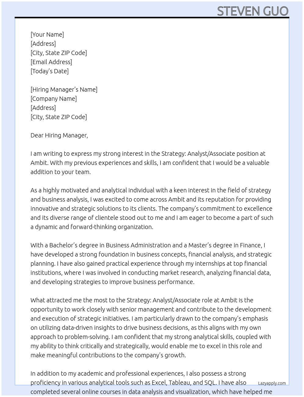 Strategy: Analyst / Associate At Ambit Cover Letter