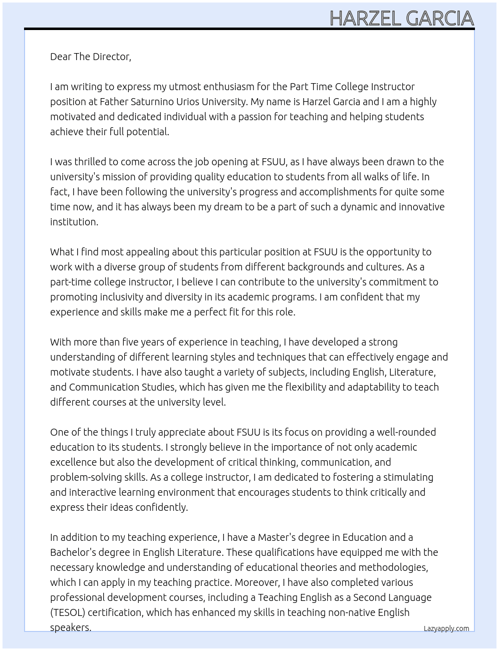 Part Time College Instructor At Father Saturnino Urios University Cover Letter