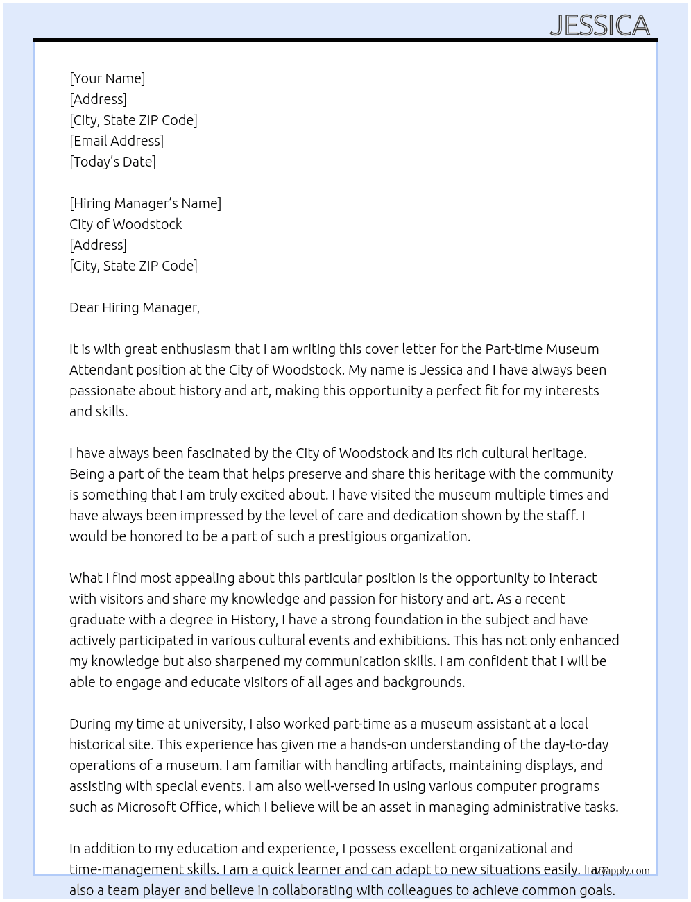Part time museum attendant  At City of Woodstock  Cover Letter