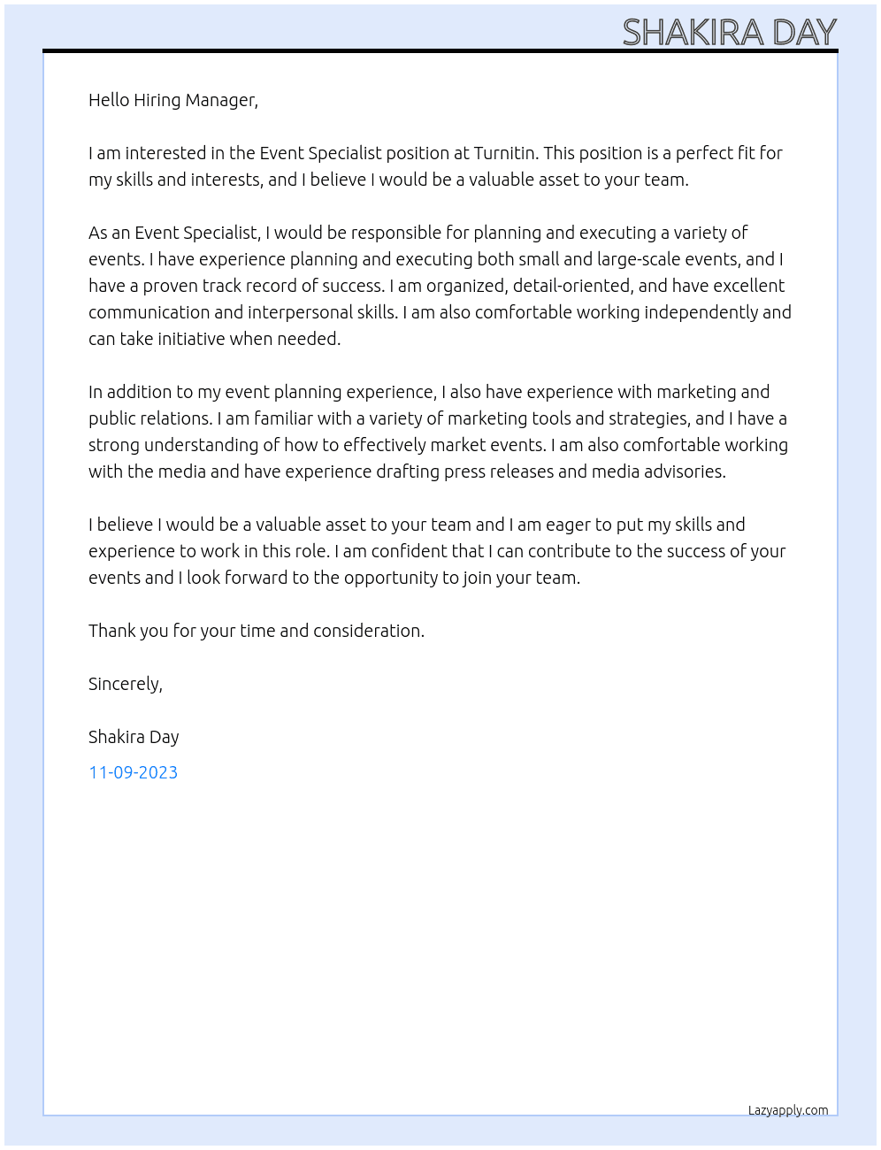 event specialist At turnitin Cover Letter