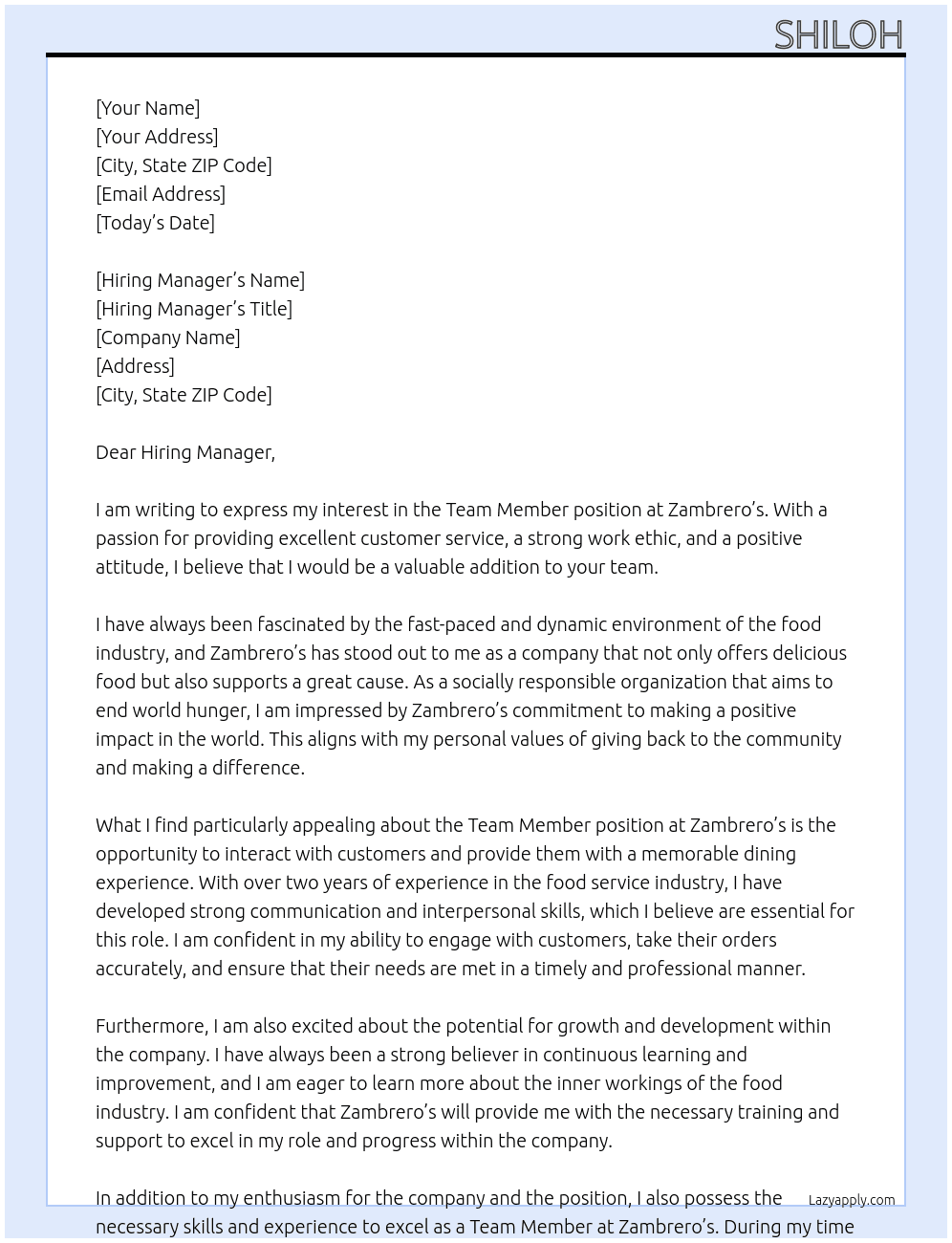 Team Member At Zambrero’s  Cover Letter