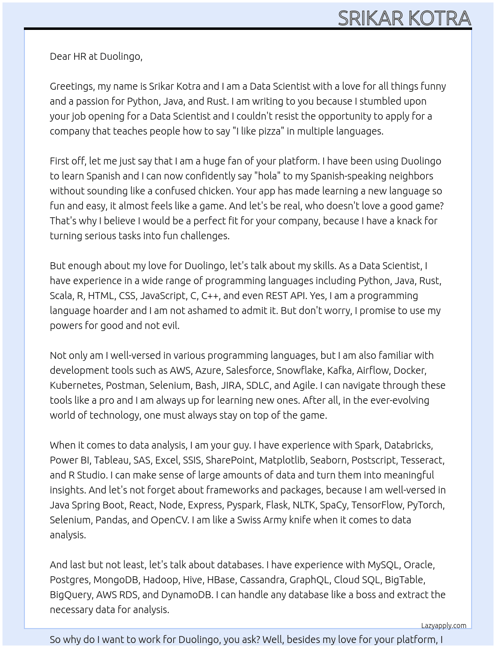 Data Scientist At Duolingo Cover Letter