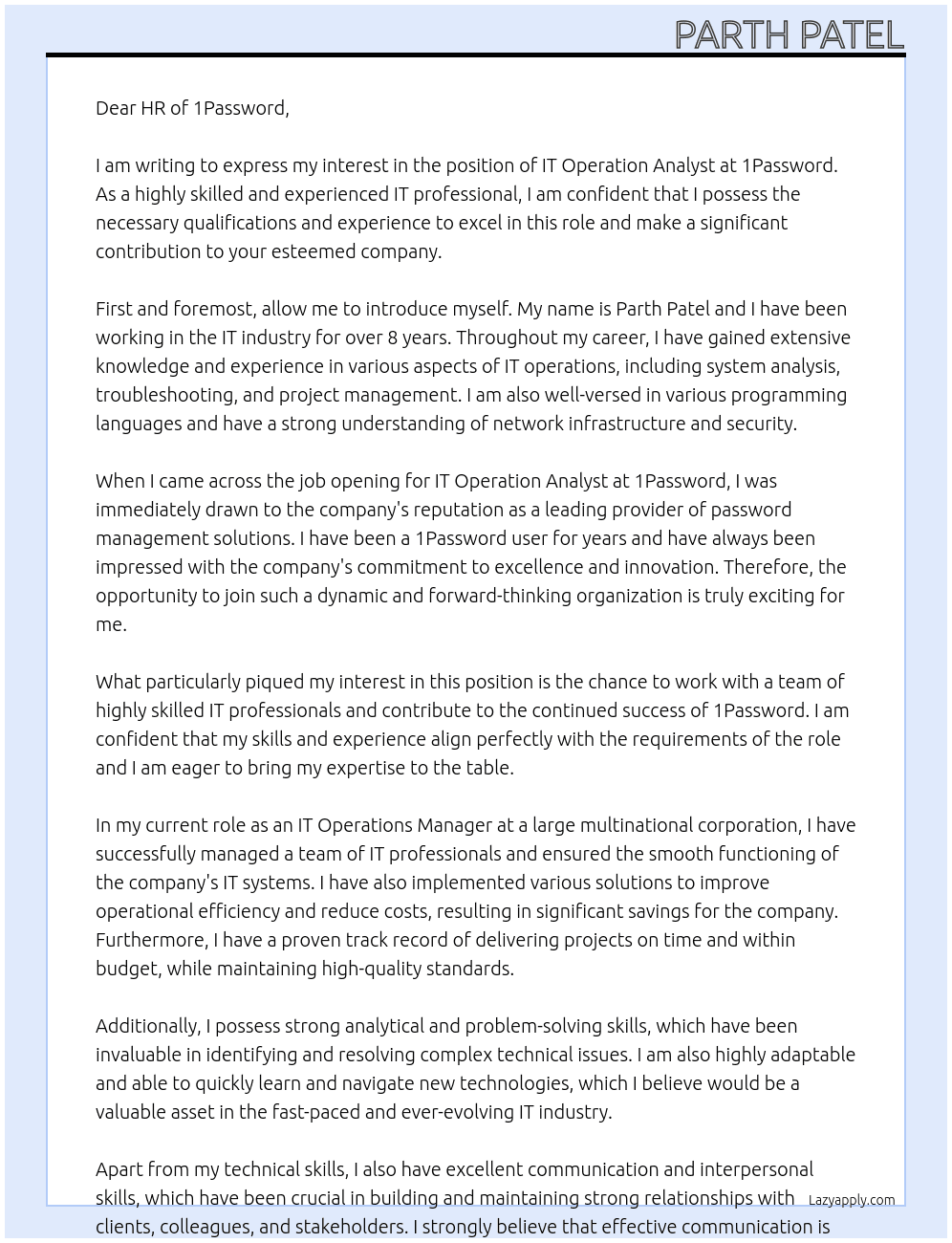 IT Operation Analyst At 1Password Cover Letter