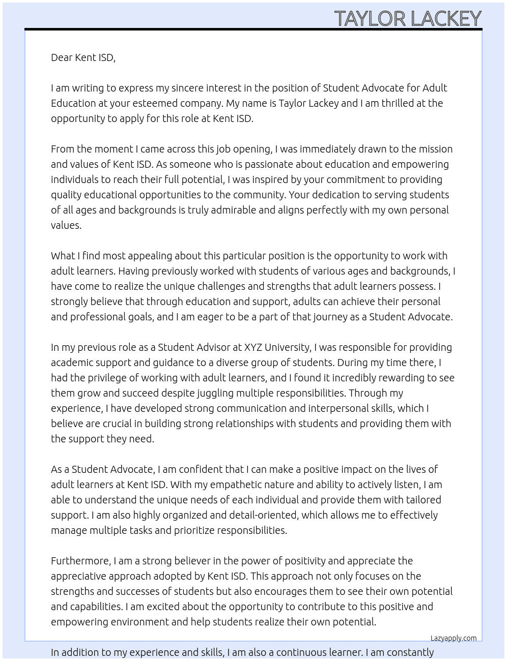 Student Advocate, Adult Education  At Kent ISD Cover Letter