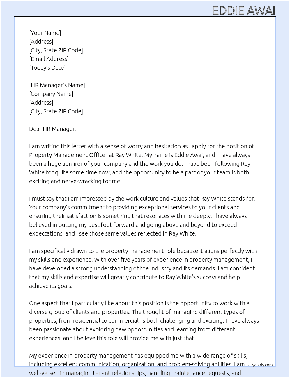 Property Management Officer At Ray White Cover Letter