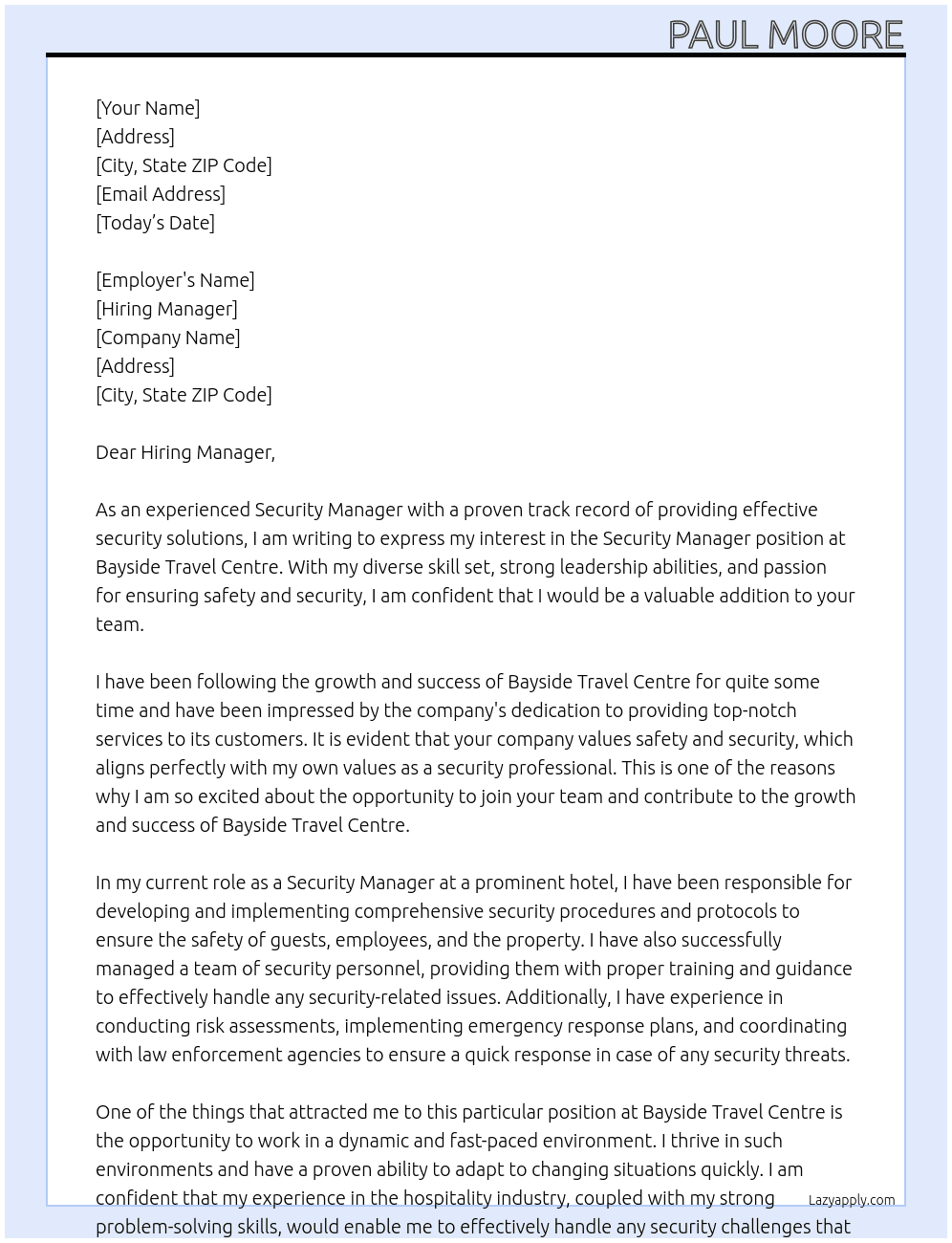 Security Manager At Bayside Travel Centre Cover Letter