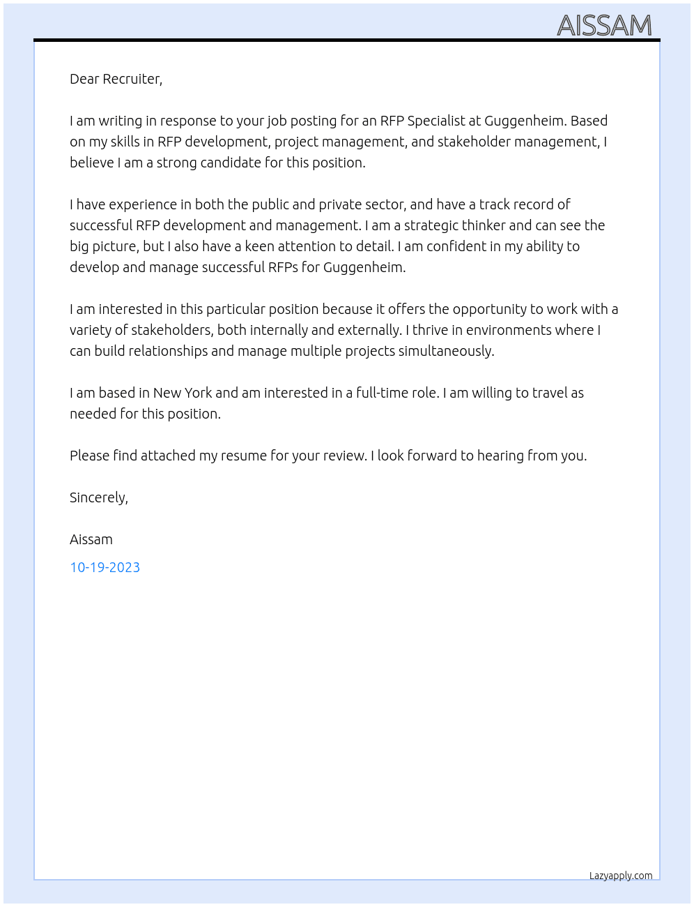RFP specialist At Guggenheim Cover Letter