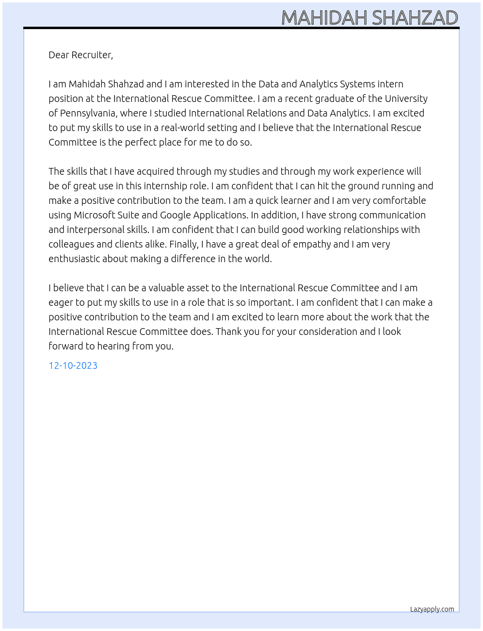 Data and Analytics Systems intern At nternational Rescue Committee Cover Letter
