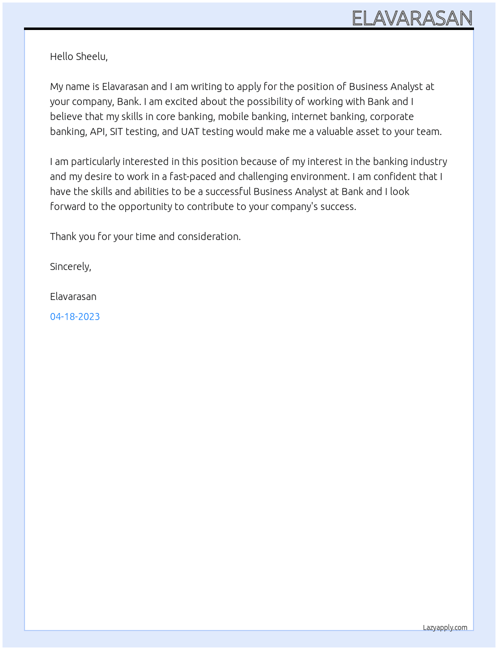 Business analysts At Bank Cover Letter
