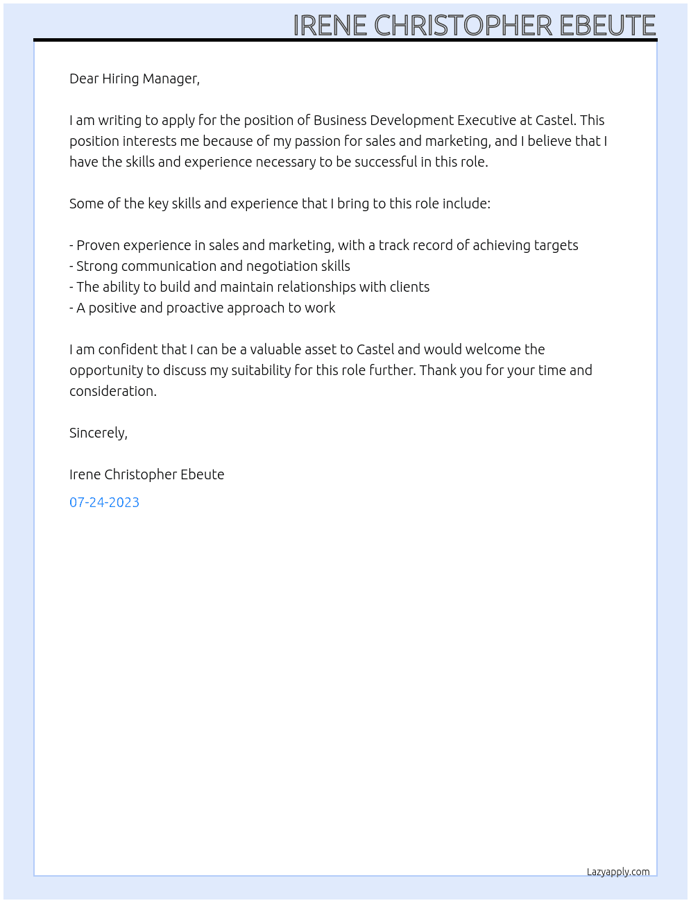 Business Development Executive  At Castel  Cover Letter
