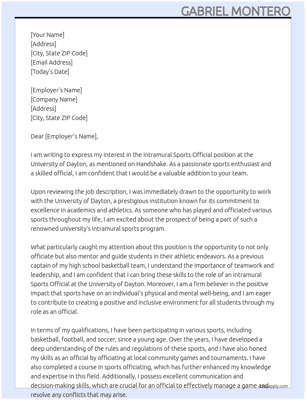 Intramural Sports Official At University of Dayton Cover Letter