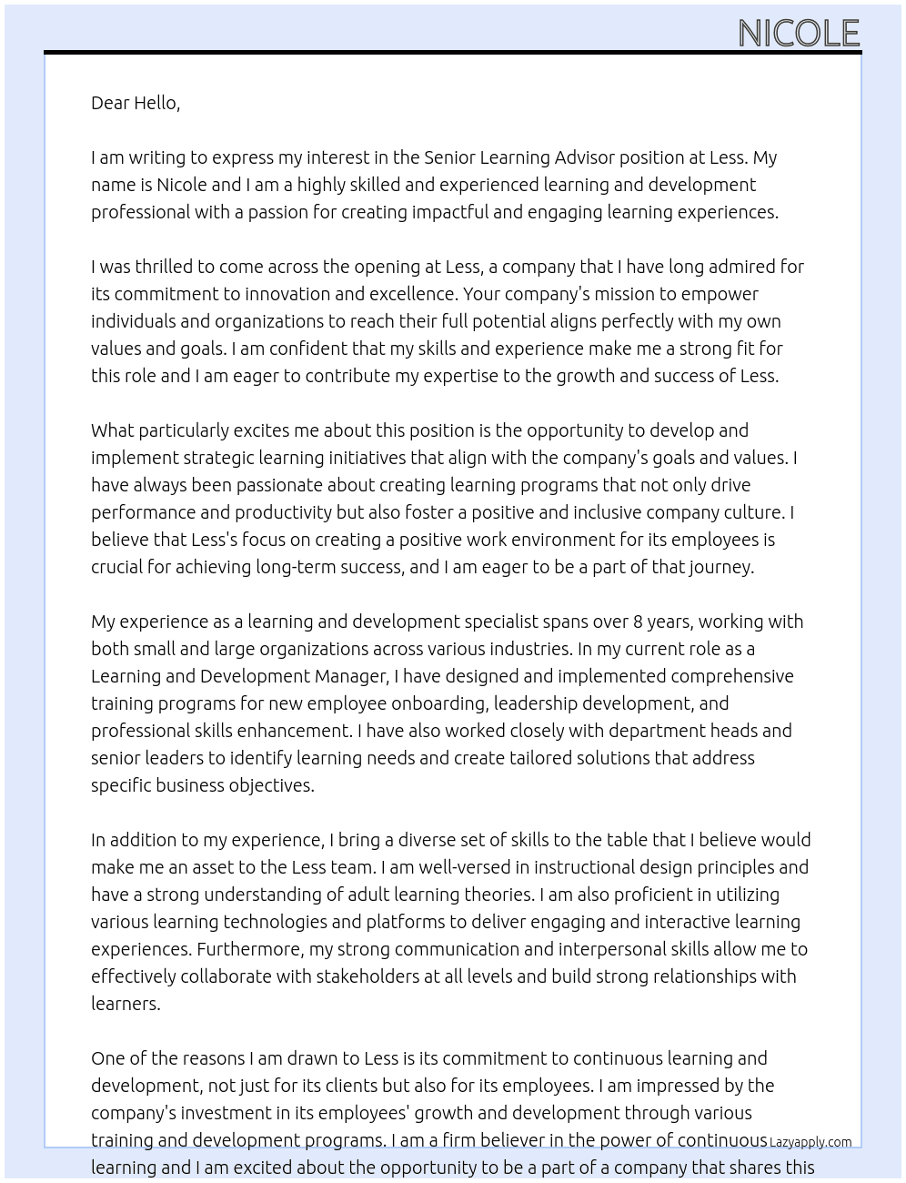 senior learning advisor At less Cover Letter