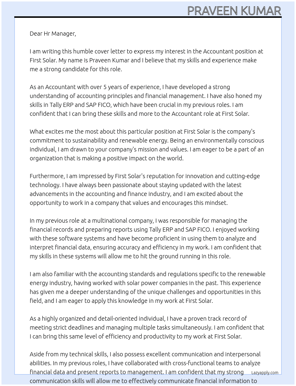 Accountant At First Solar Cover Letter